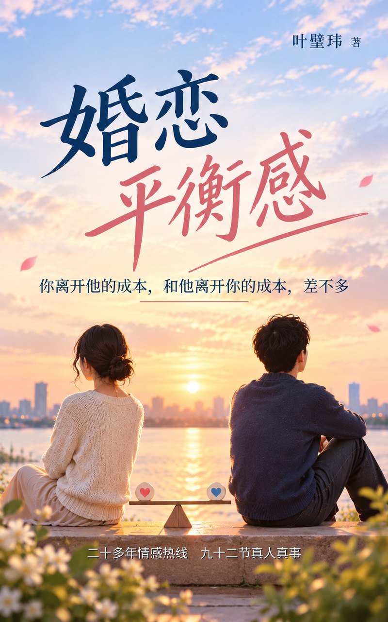 《婚恋平衡感》封面：两个人背对夕阳坐在长椅上，中间摆着一架小天平